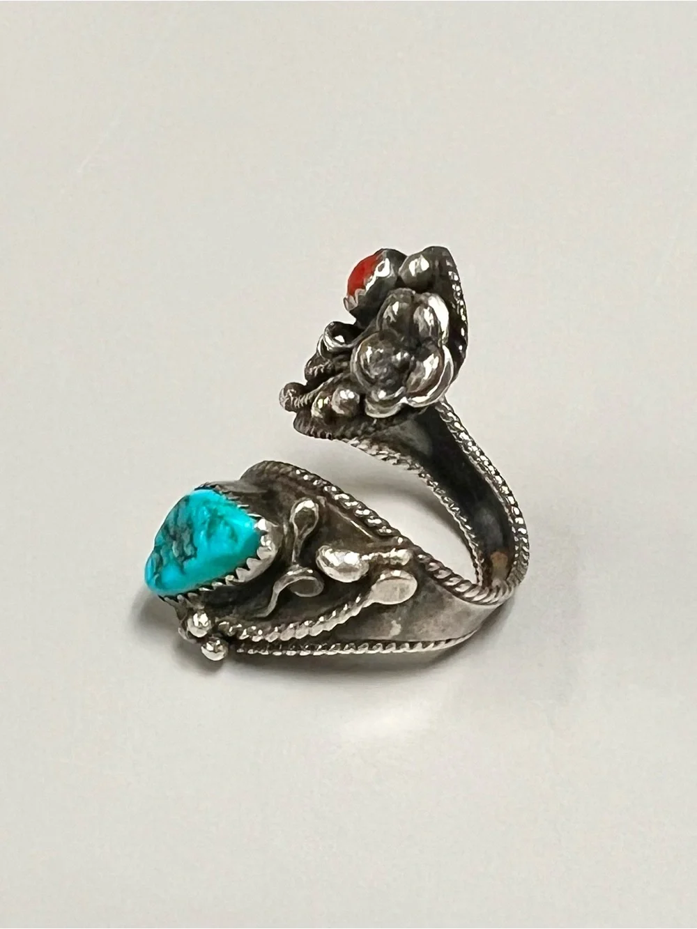 Vintage Sterling Turquoise and Coral Bypass Ring - Women's Jewelry